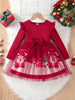 Christmas Red Tulle Princess Dress for Girls – Long Sleeve Santa & Snowman Print Outfit (4–6 Years)