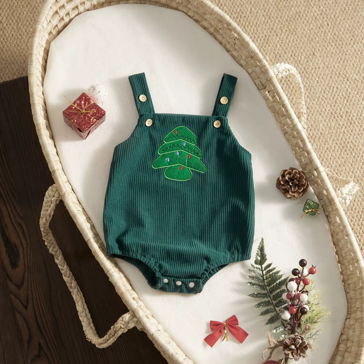 Christmas Baby Romper – Corduroy Deer & Santa Jumpsuit | Unisex Infant Holiday Outfit (0–18M)