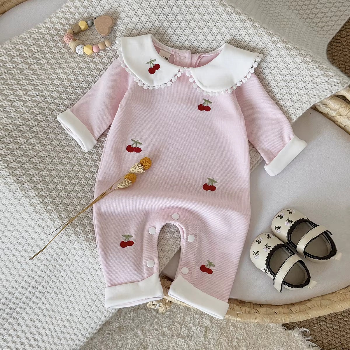 Autumn Baby Girl Romper – Cherry Embroidery Long Sleeve Jumpsuit (0–24 Months)