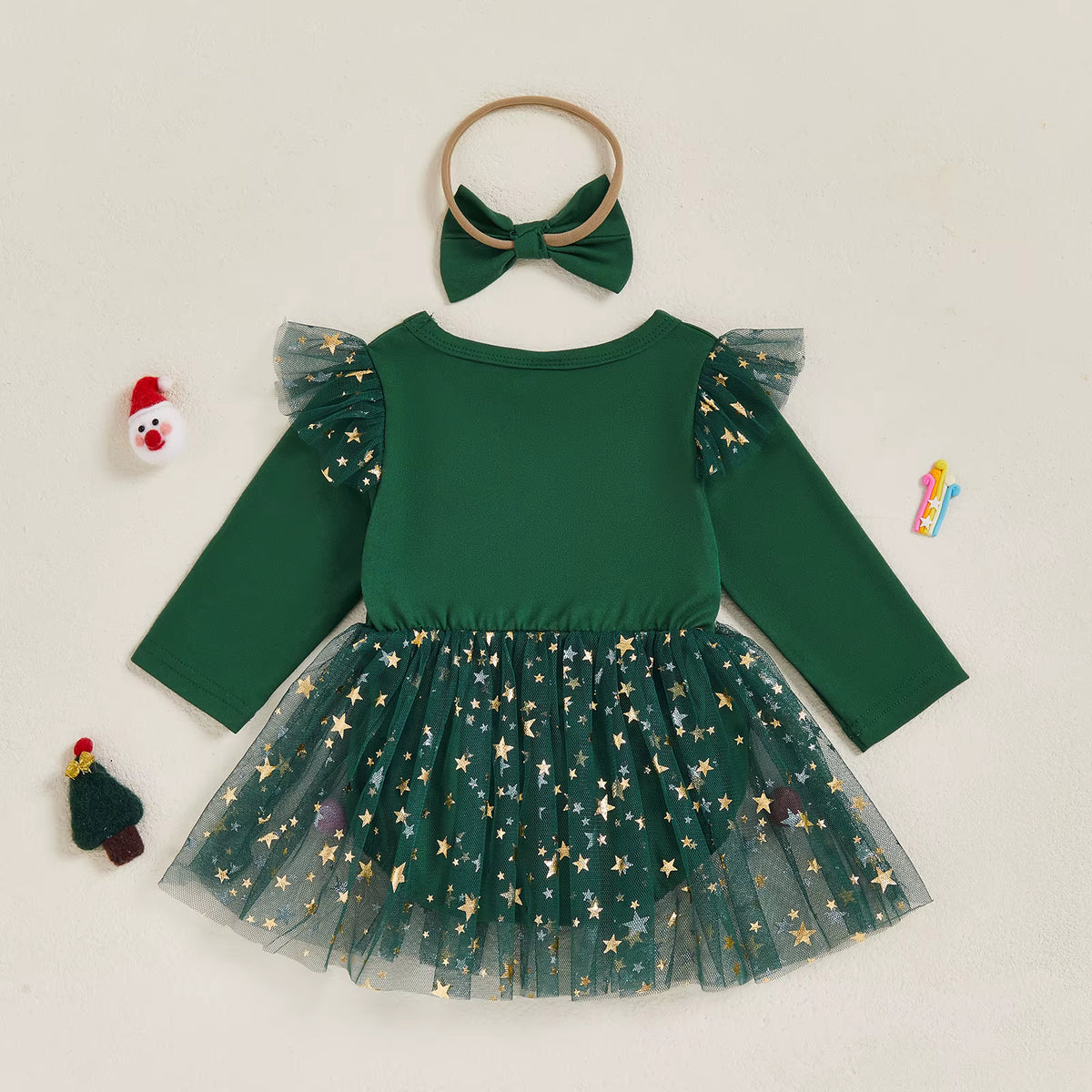 Christmas Baby Girl Bodysuit Dress Set – Letter Print & Star Mesh with Headband (0–12 Months)