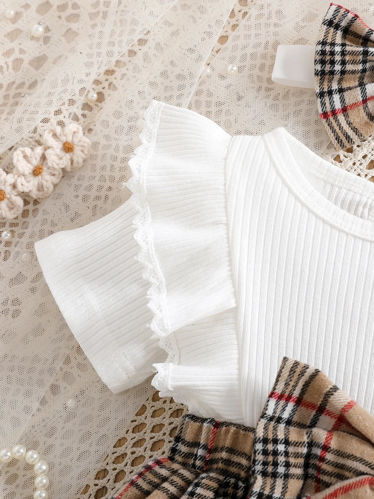 Baby Girl Summer Fashion Cute Casual Round Neck Ruffle Lace Decoration Short Sleeved Waist Large Bow Plaid Splicing Design