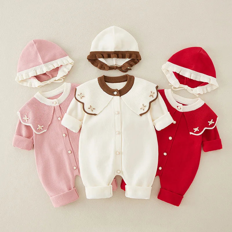 Knitted Patchwork Baby Romper with Hat – Embroidered Long Jumpsuit for Girls (1–3 Years)
