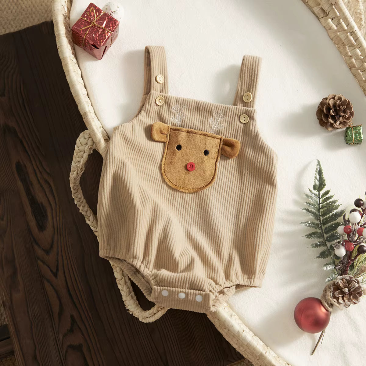 Christmas Baby Romper – Corduroy Deer & Santa Jumpsuit | Unisex Infant Holiday Outfit (0–18M)