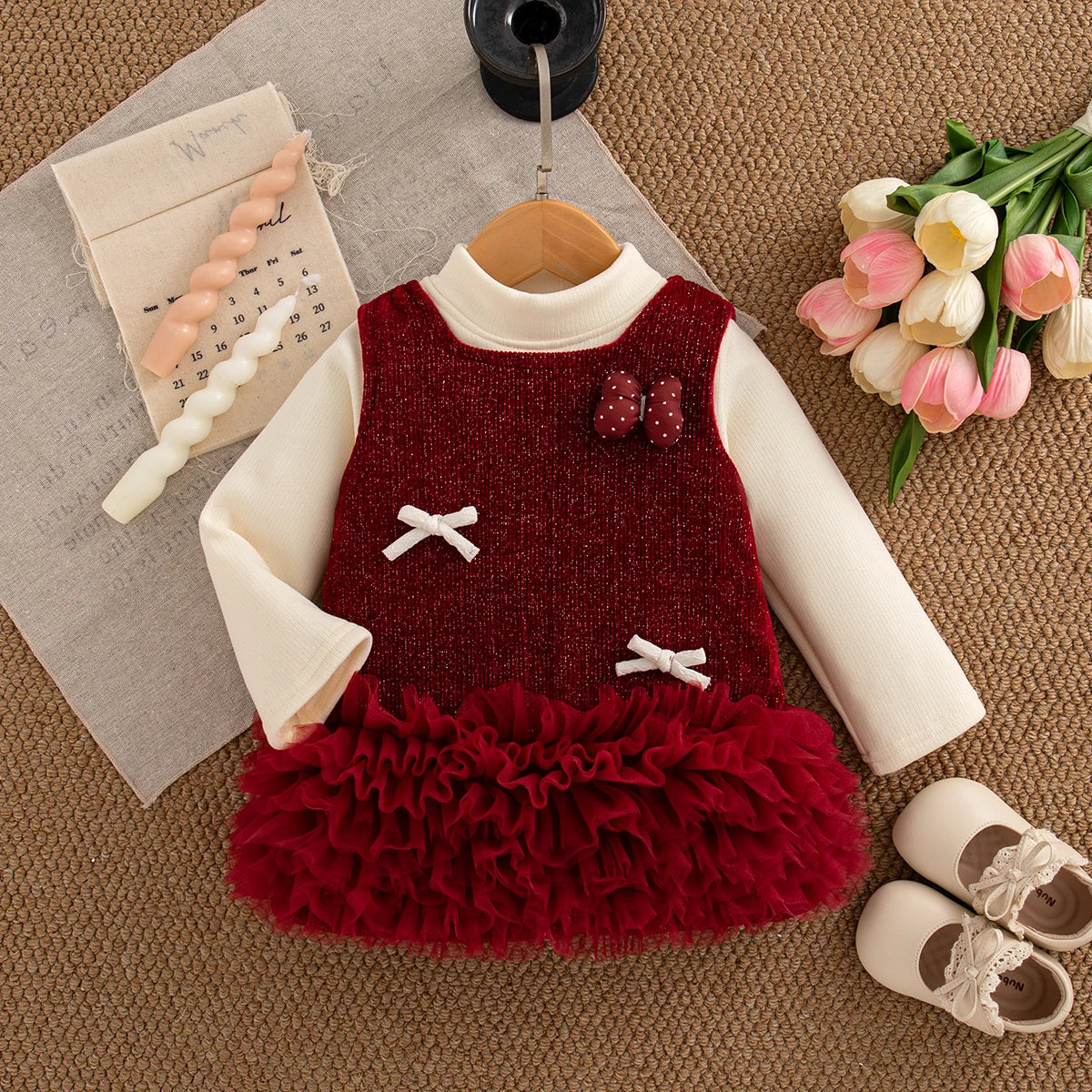 Solid Colour Baby Girl Dress – Long Sleeve Bow Winter Dress for Girls (0–24 Months)