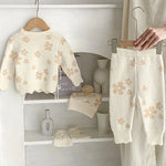 Floral Jacquard Knit Baby Set – 4PCS Autumn & Winter Outfit with Coat, Pants, Hat & Socks (1–3 Years)