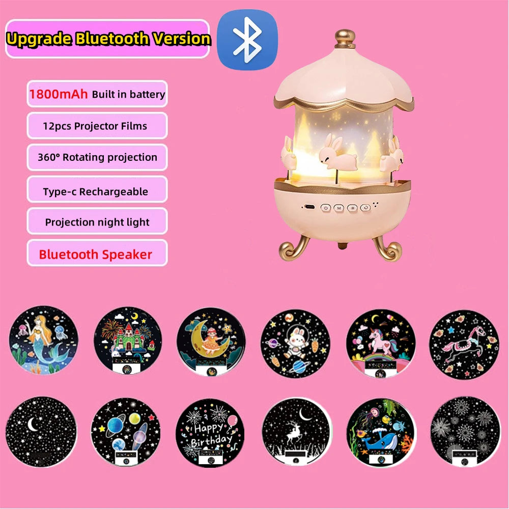 Kids Star Projector Night Light with 12 Films, Bluetooth Music and Rechargeable LED Lamp