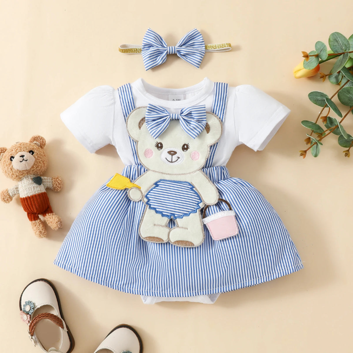 Cartoon Bear Embroidered Baby Romper Set – Summer Jumpsuit & Headband Outfit for Girls (0–18 Months)