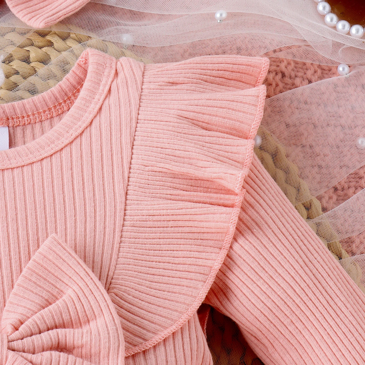 2PCS Autumn 0-1 Year Old Girl Baby Sweet And Cute Round Collar, Pit Strip, Flower Skirt, Long-Sleeved Suit + Bow Hair Band