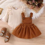 2PCS Autumn New Style For 0-1 Year Old Girls, Comfortable Simple And Fashionable Long-Sleeved Suit + Coffee Strap Skirt