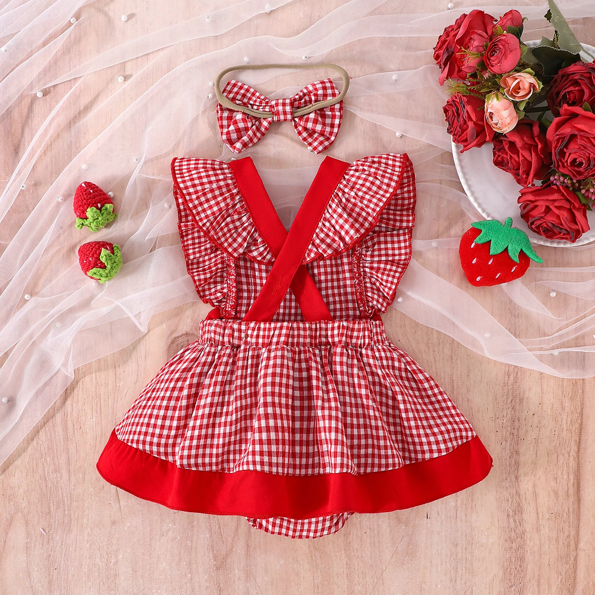 2PCSSummer Cross-Border New Style For Girls And Babies 0-1 Years Old Sweet And Cute Red And White Plaid Dress Pants