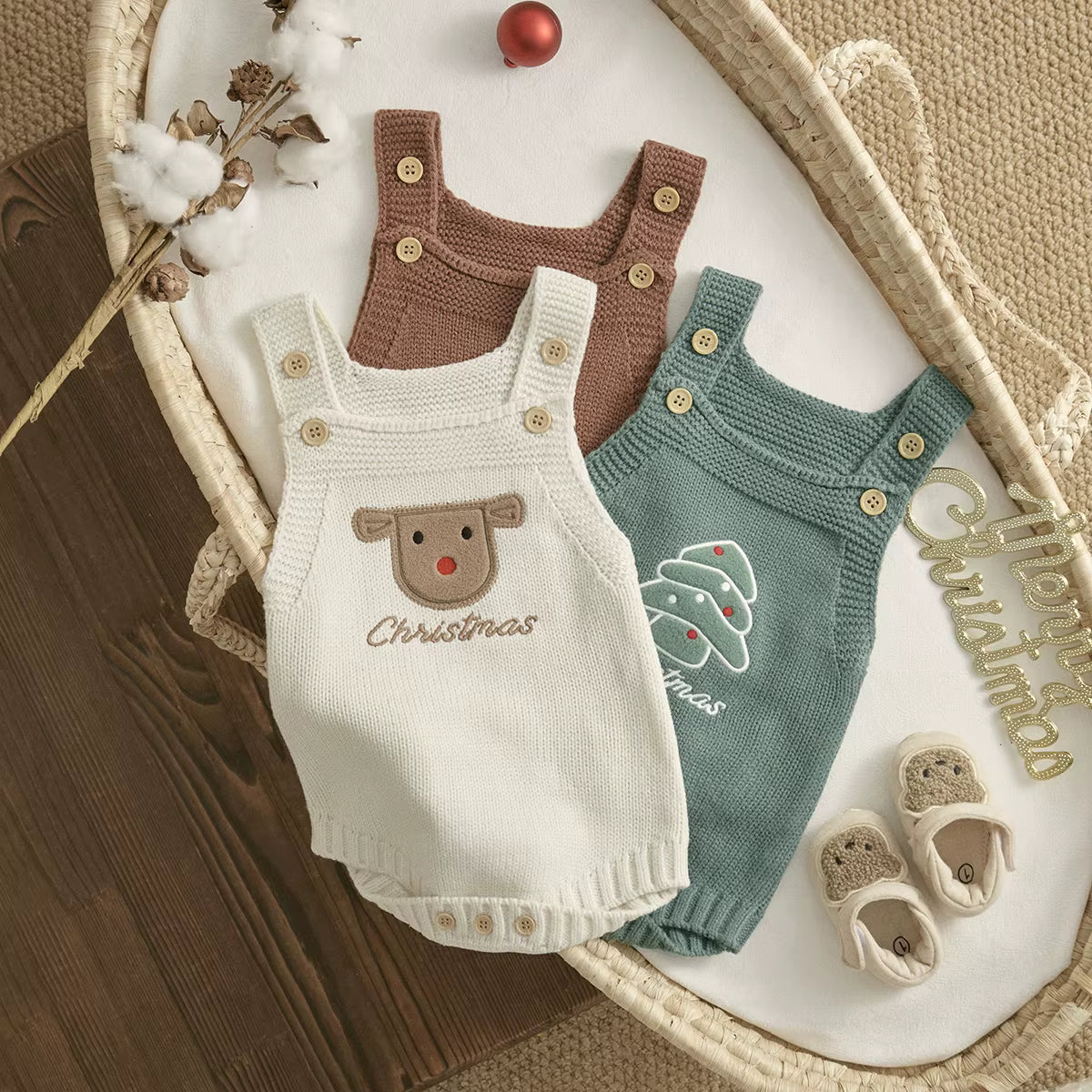 Christmas Baby Romper – Sleeveless Knit Overall with Santa & Tree Embroidery | Unisex Newborn to 18M