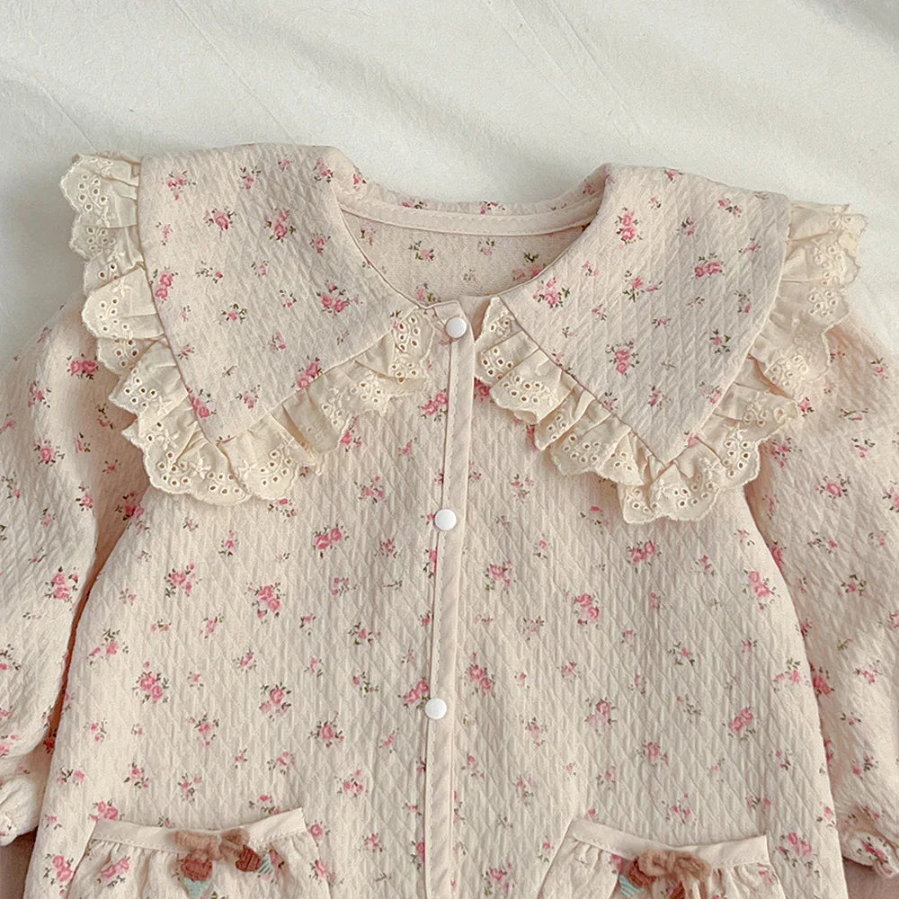 Floral Lace Hooded Romper for Baby Girls – Korean Style Cotton Onesie (1–3 Years)