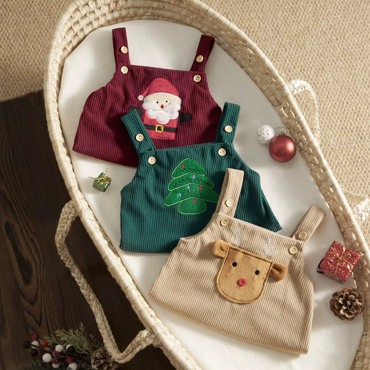 Christmas Baby Romper – Corduroy Deer & Santa Jumpsuit | Unisex Infant Holiday Outfit (0–18M)
