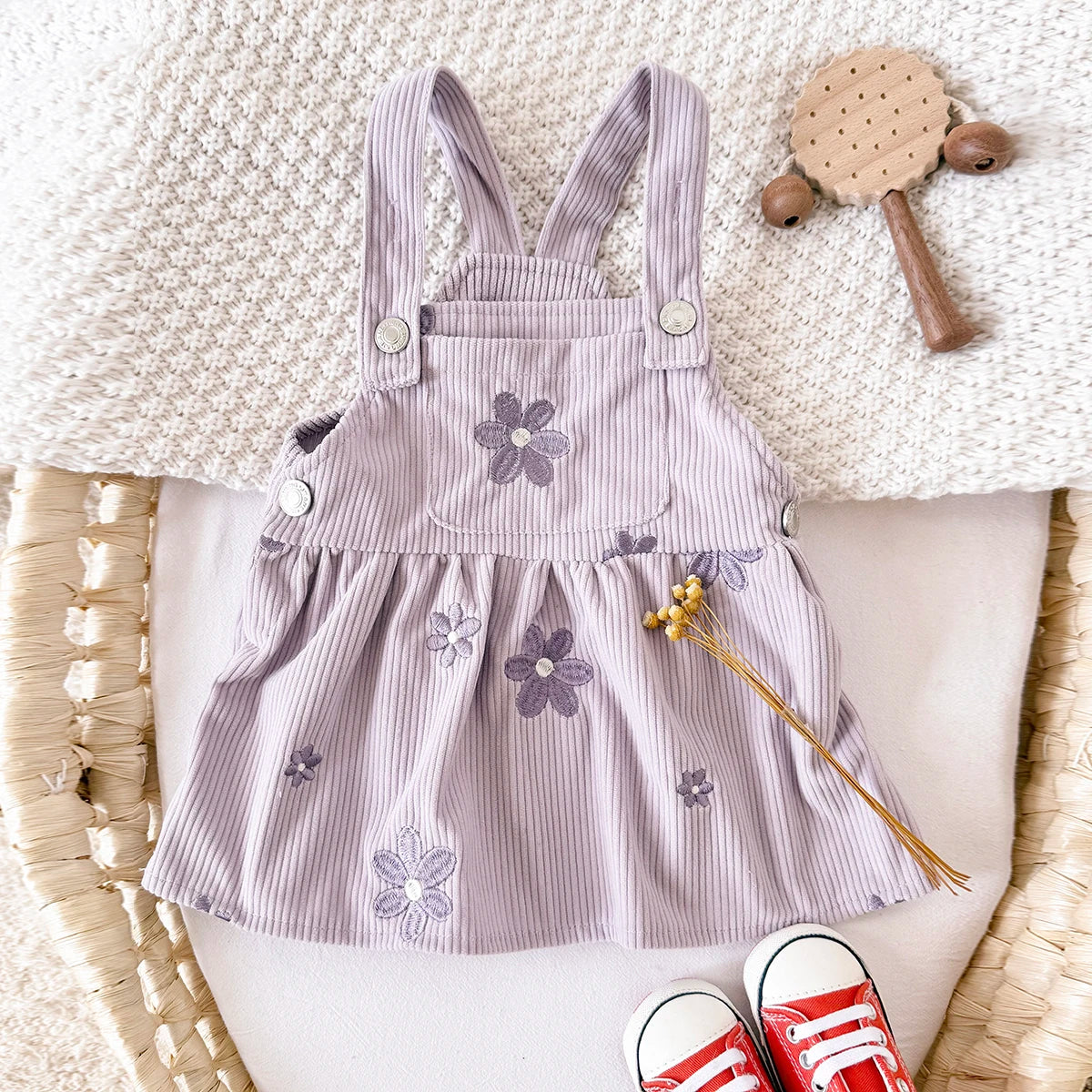 Baby Girl Denim Embroidered Dress – Floral Strap Skirt One-Piece Summer Outfit (1–2 Years)