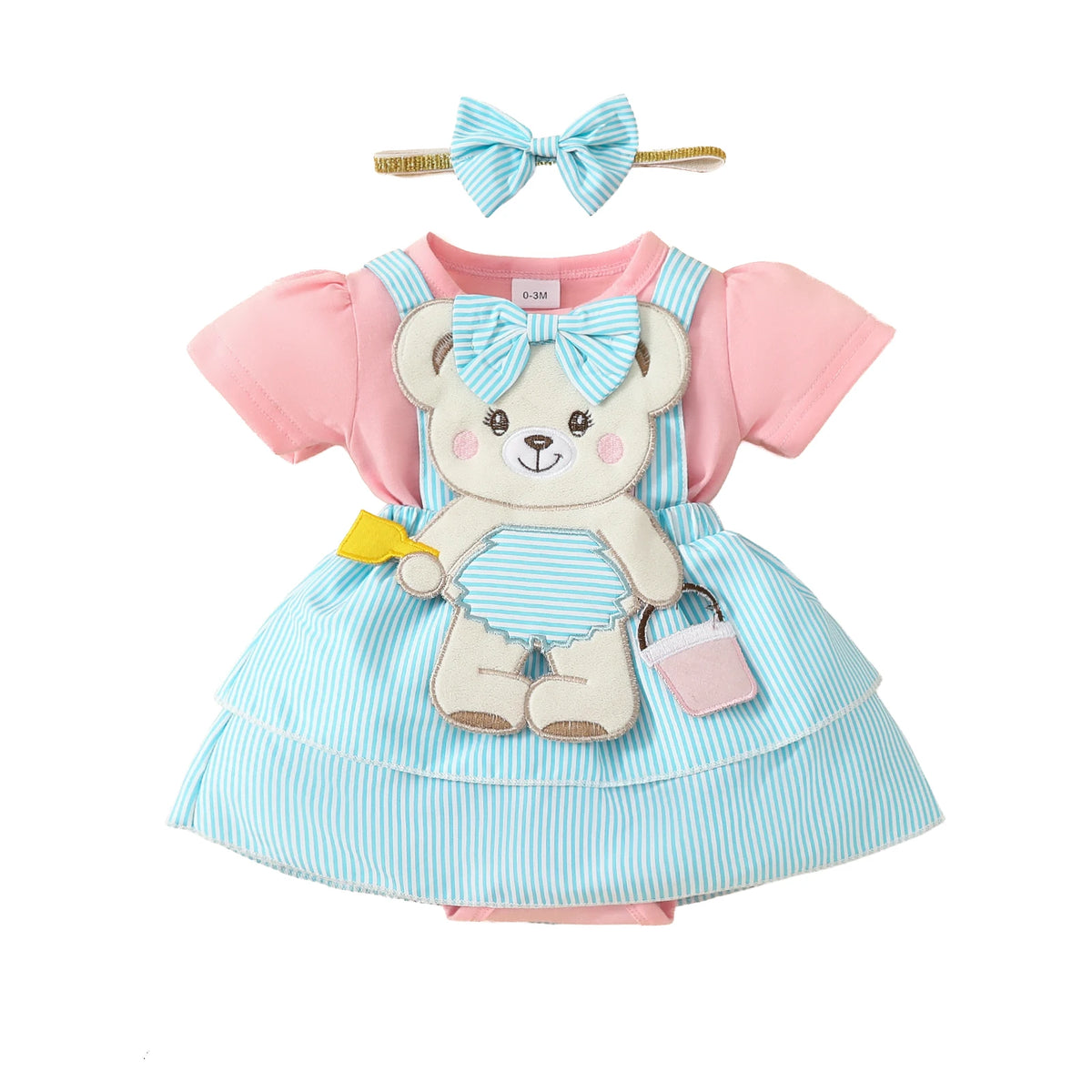 Cartoon Bear Embroidered Baby Romper Set – Summer Jumpsuit & Headband Outfit for Girls (0–18 Months)