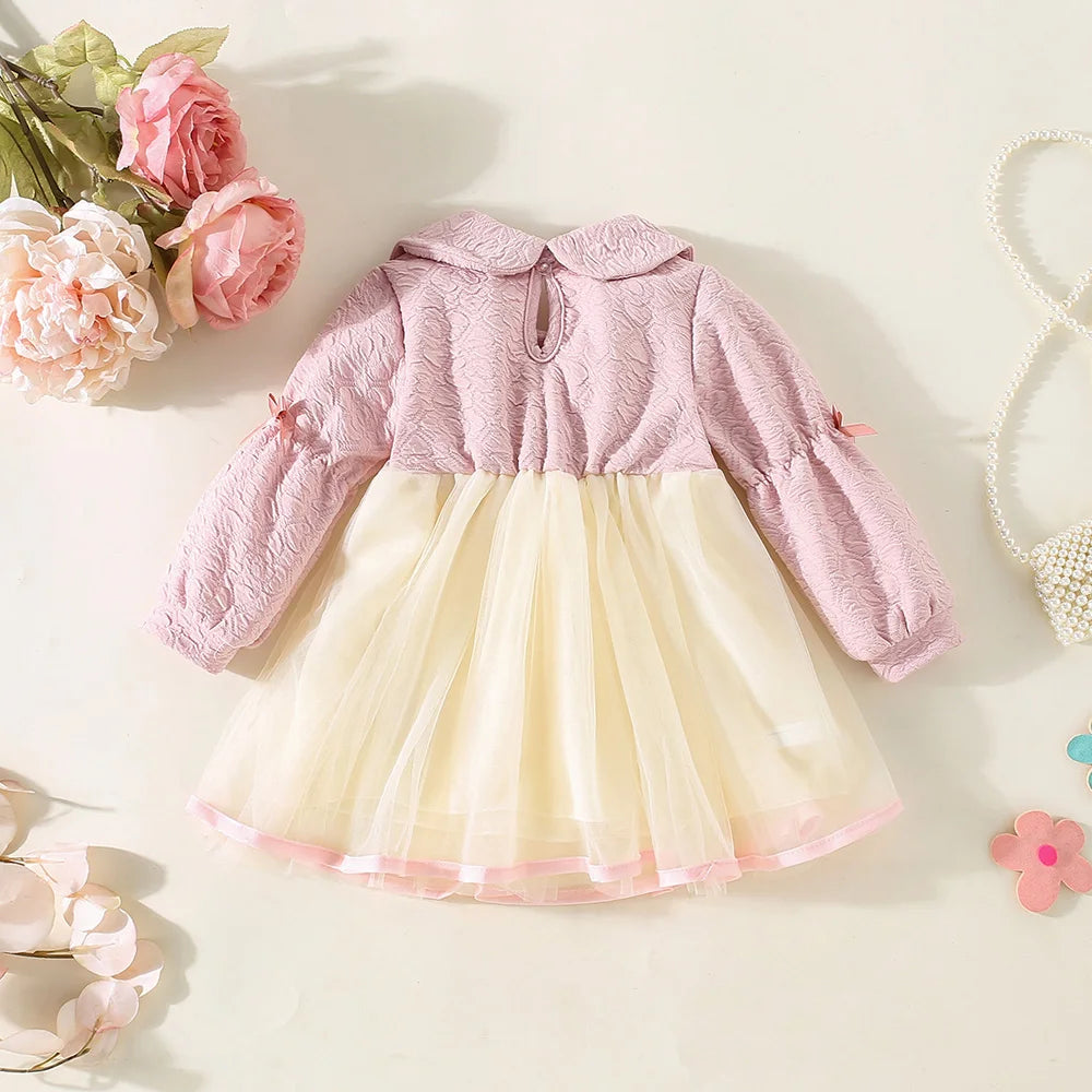 Cute Bow Collar Mesh Dress for Baby Girls – Puff Sleeve Princess Outfit (0–1 Year)