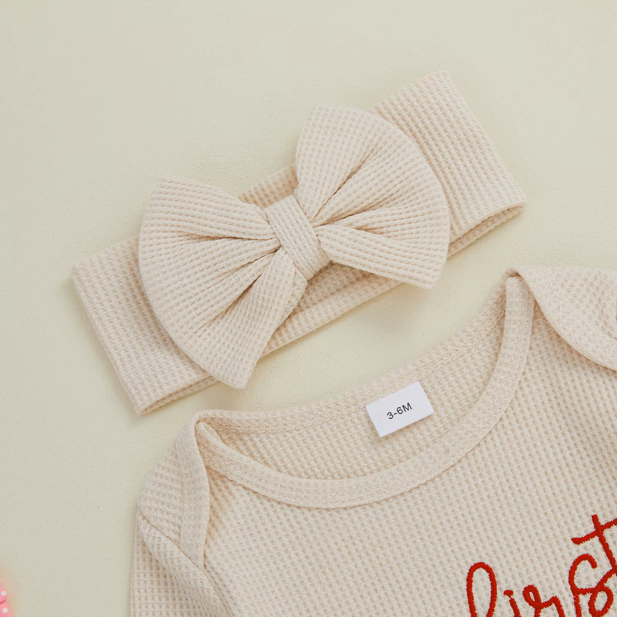 Christmas Baby Girl Romper with Headband – Embroidered Long Sleeve Waffle Jumpsuit (0–12 Months)