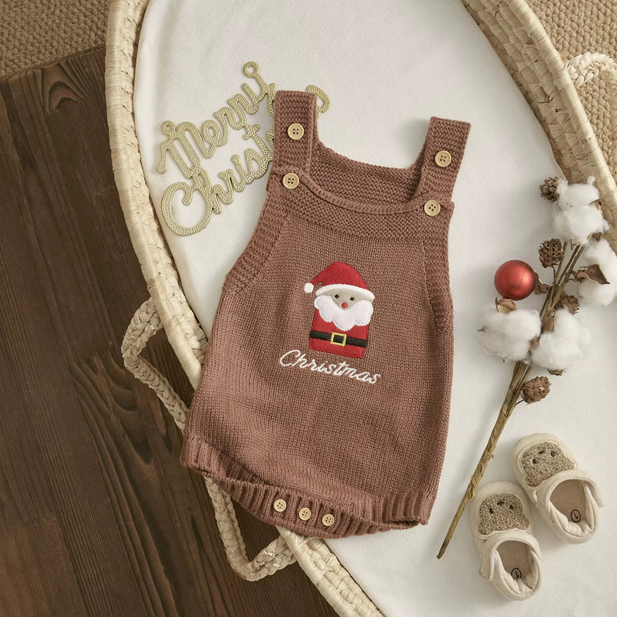Christmas Baby Romper – Sleeveless Knit Overall with Santa & Tree Embroidery | Unisex Newborn to 18M