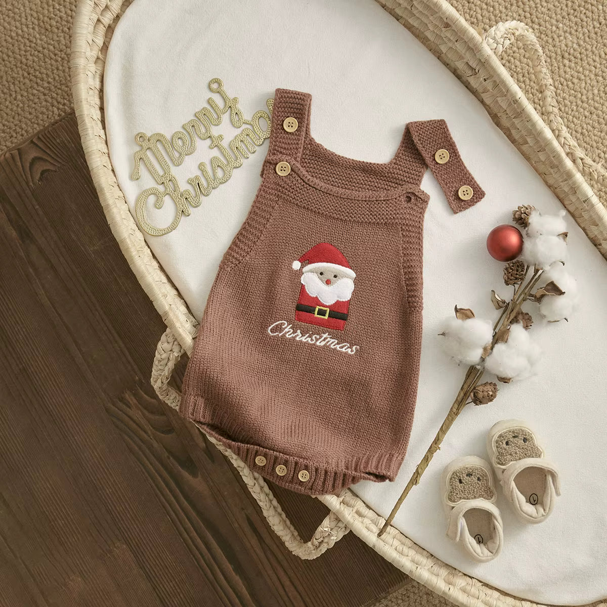 Christmas Baby Romper – Sleeveless Knit Overall with Santa & Tree Embroidery | Unisex Newborn to 18M