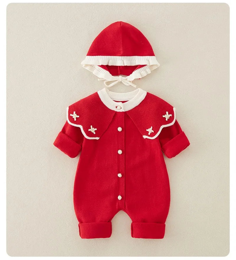 Knitted Patchwork Baby Romper with Hat – Embroidered Long Jumpsuit for Girls (1–3 Years)