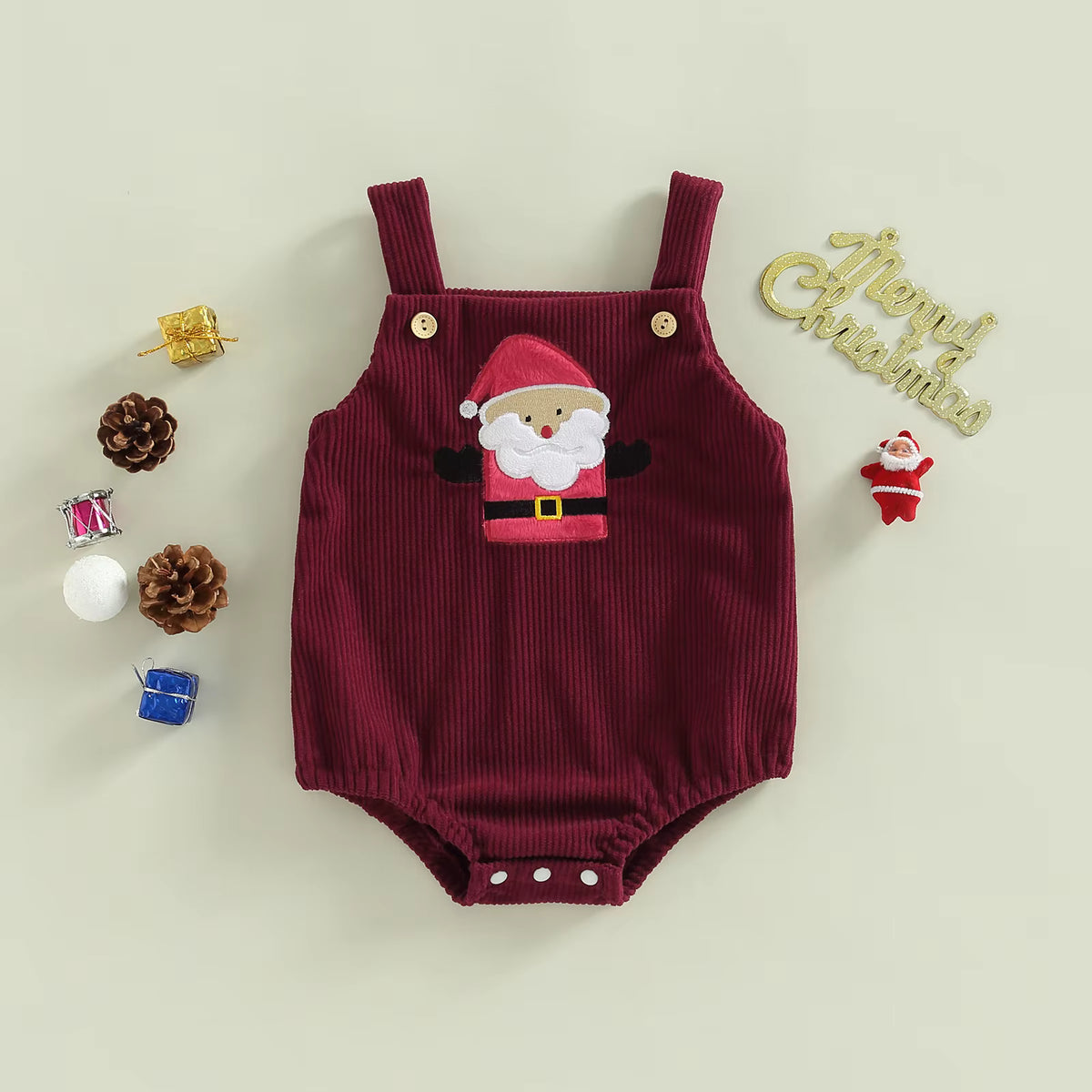 Christmas Baby Romper – Corduroy Deer & Santa Jumpsuit | Unisex Infant Holiday Outfit (0–18M)