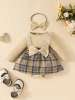 Baby Gilrs Long Sleeve Autumn/Winter Plaid With Bow Honey Jumpsuit For Newborn-18M Vacation Wear +Headband