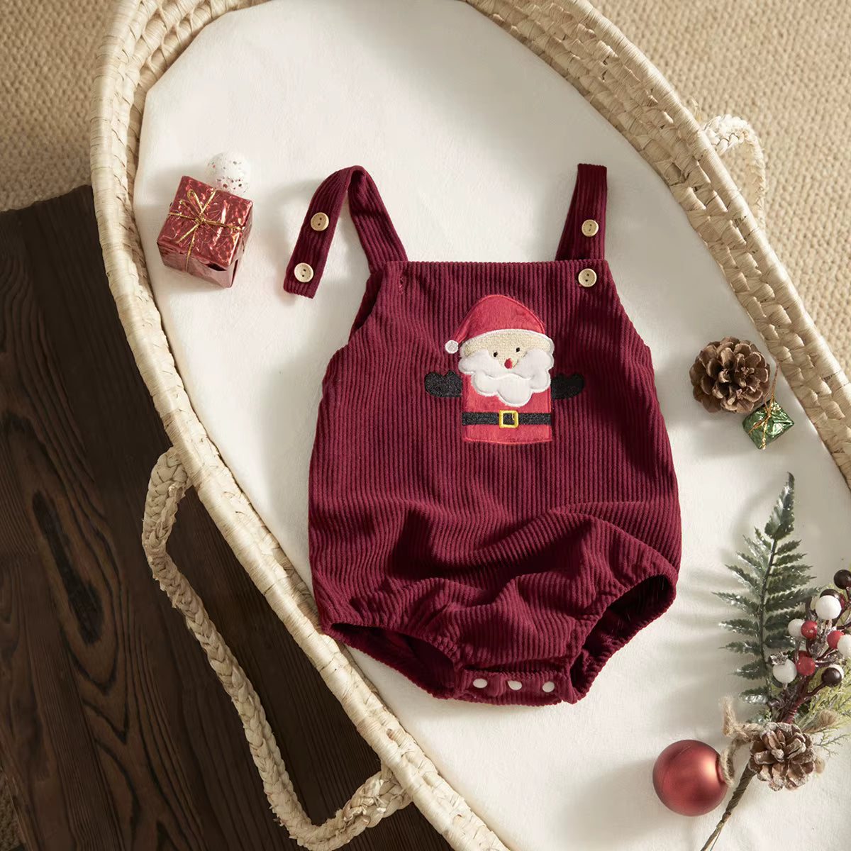 Christmas Baby Romper – Corduroy Deer & Santa Jumpsuit | Unisex Infant Holiday Outfit (0–18M)