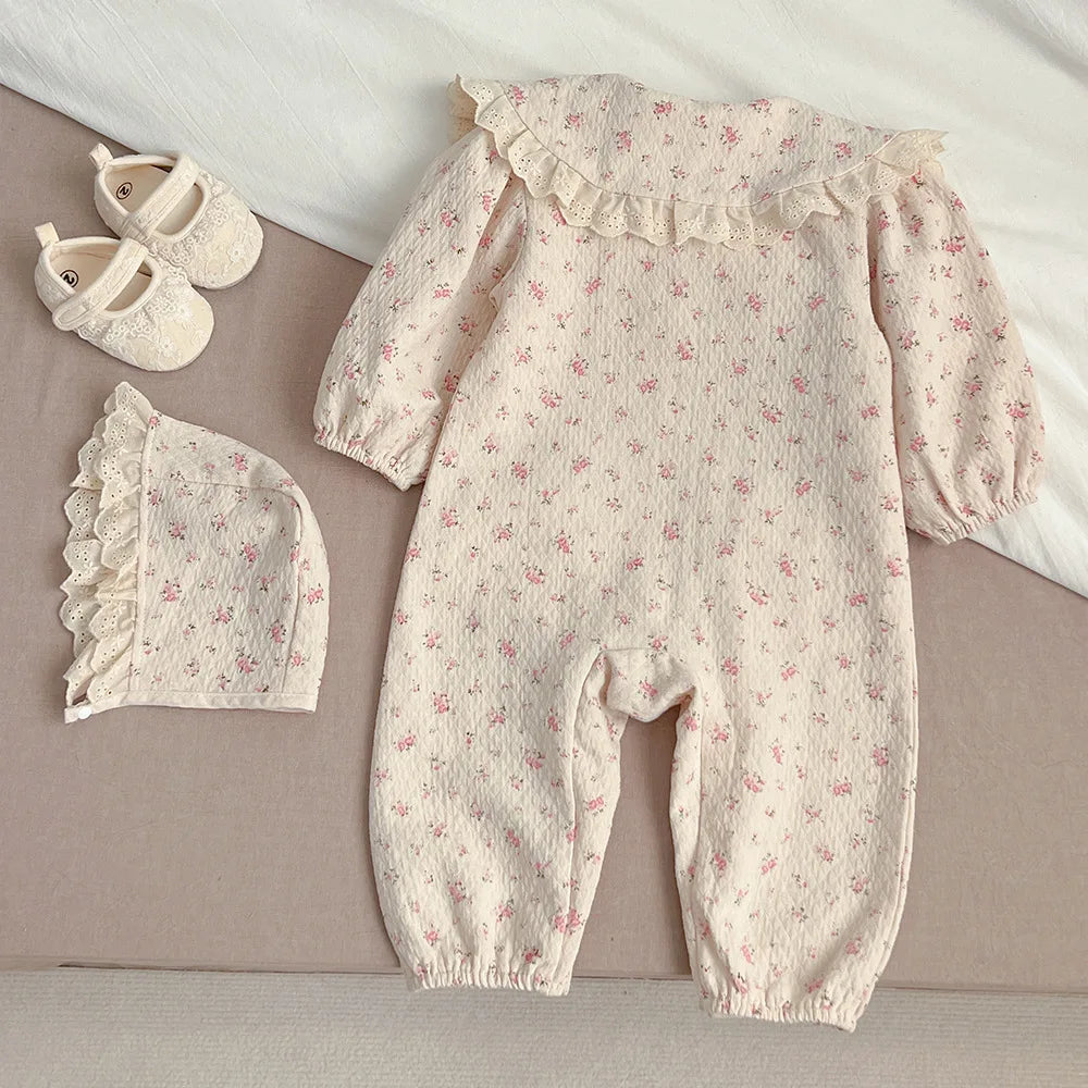 Floral Lace Hooded Romper for Baby Girls – Korean Style Cotton Onesie (1–3 Years)