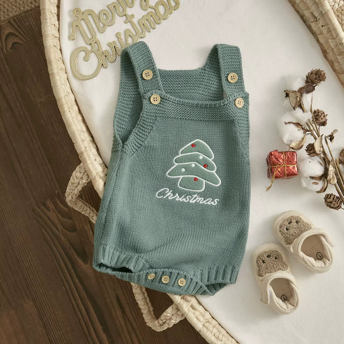 Christmas Baby Romper – Sleeveless Knit Overall with Santa & Tree Embroidery | Unisex Newborn to 18M