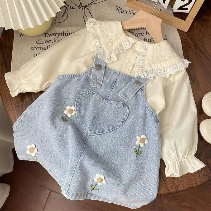 Spring and Autumn Girls Dress Set New Korean Edition Flower Embroidered Denim SkirtDoll Collar blouse Two Piece Set