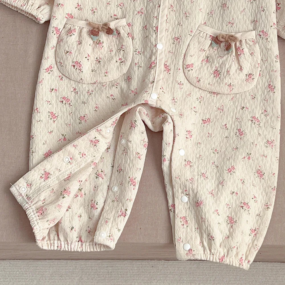 Floral Lace Hooded Romper for Baby Girls – Korean Style Cotton Onesie (1–3 Years)