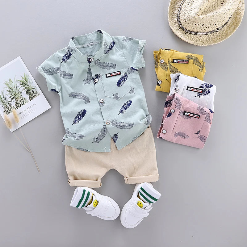 0-3 Year Old Baby Summer Feather Print Shirt Short Sleeve Suit