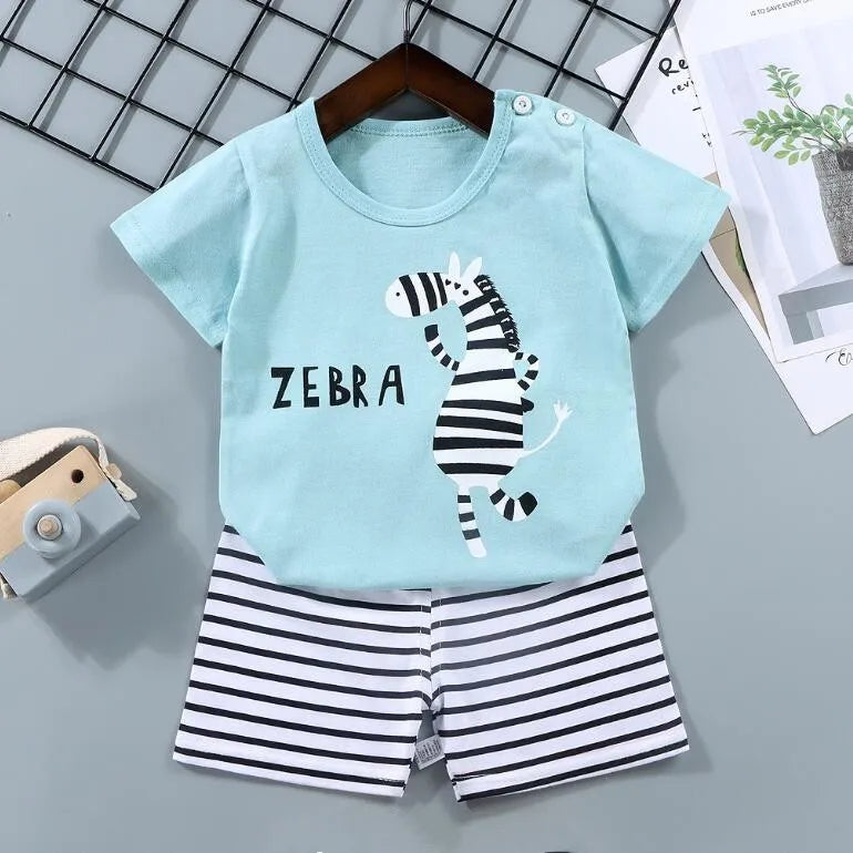 Cotton Tees+Shorts 2-piece Tracksuit Set Kid Cartoon Zebra Dinosaur Print Summer Suit Children Boys Girls Baby 1-6 Years Clothes