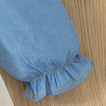 Spring Long Sleeved Dress Girl Denim Blue Dress Fake Two Pieces Tutu Dress For Kids Send Bow Belt