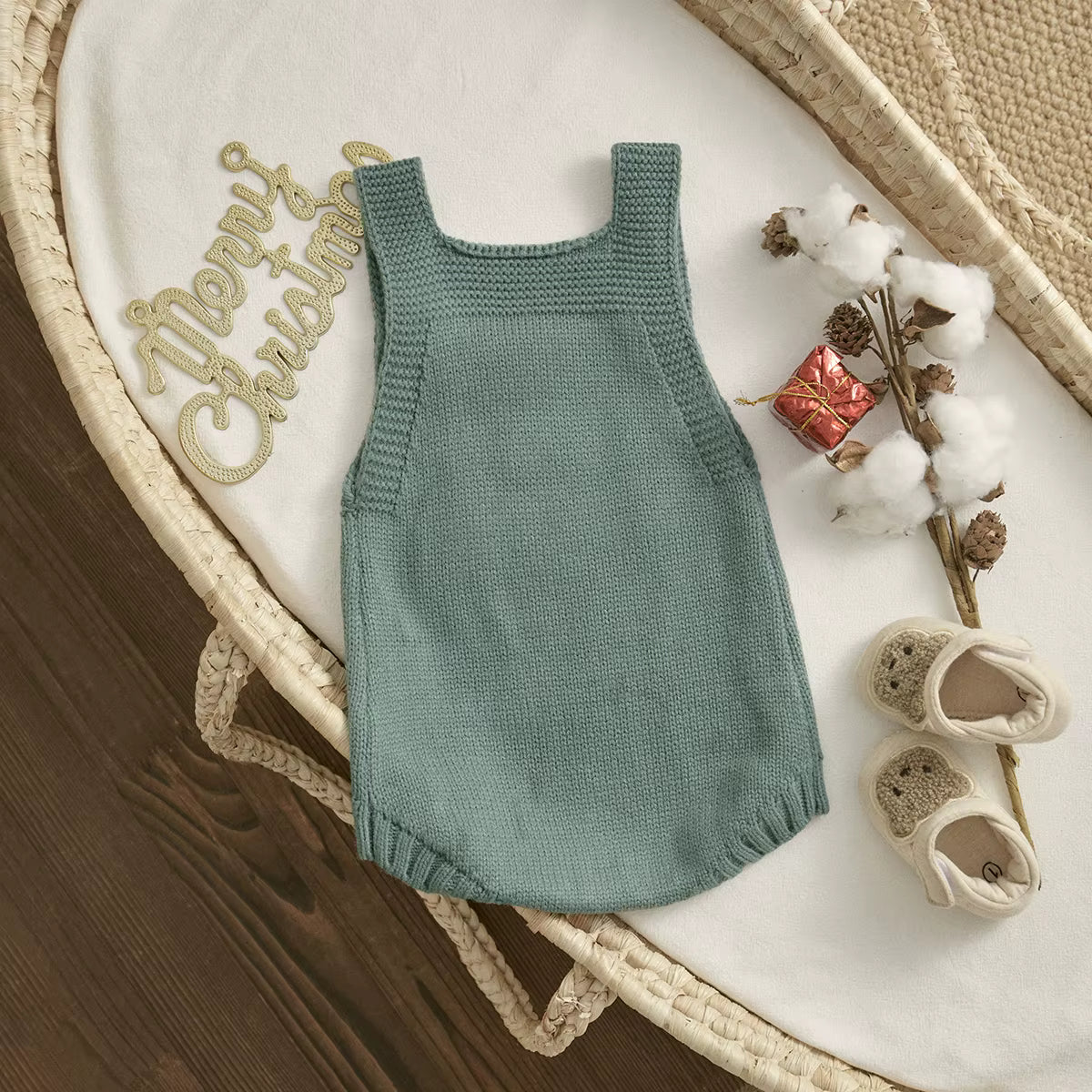 Christmas Baby Romper – Sleeveless Knit Overall with Santa & Tree Embroidery | Unisex Newborn to 18M