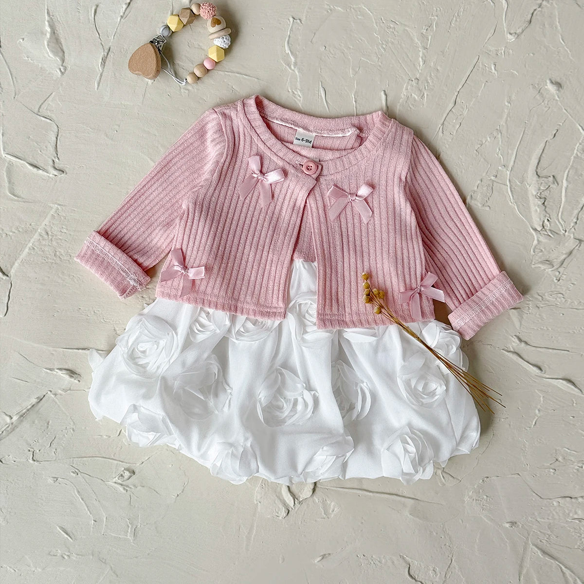 Baby Girl 3D Rose Knit Set – Pink Knitted Top & Beige Puff Skirt Outfit for Autumn (0–3 Years)