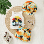 Casual Look For Baby Boys Summer Coconut Print Sleeveless Vest Dyed Hat Elasticated Waist Casual Pants Beach Chic