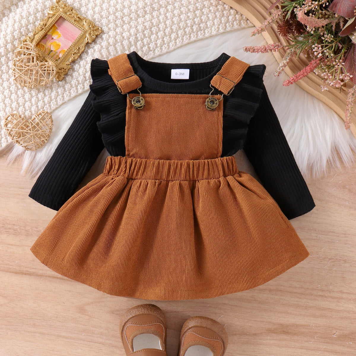 2PCS Autumn New Style For 0-1 Year Old Girls, Comfortable Simple And Fashionable Long-Sleeved Suit + Coffee Strap Skirt