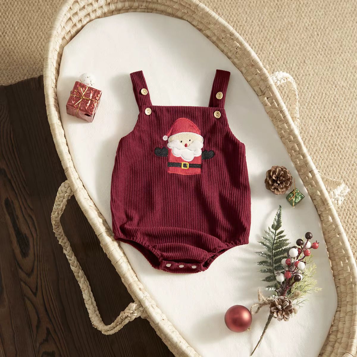 Christmas Baby Romper – Corduroy Deer & Santa Jumpsuit | Unisex Infant Holiday Outfit (0–18M)