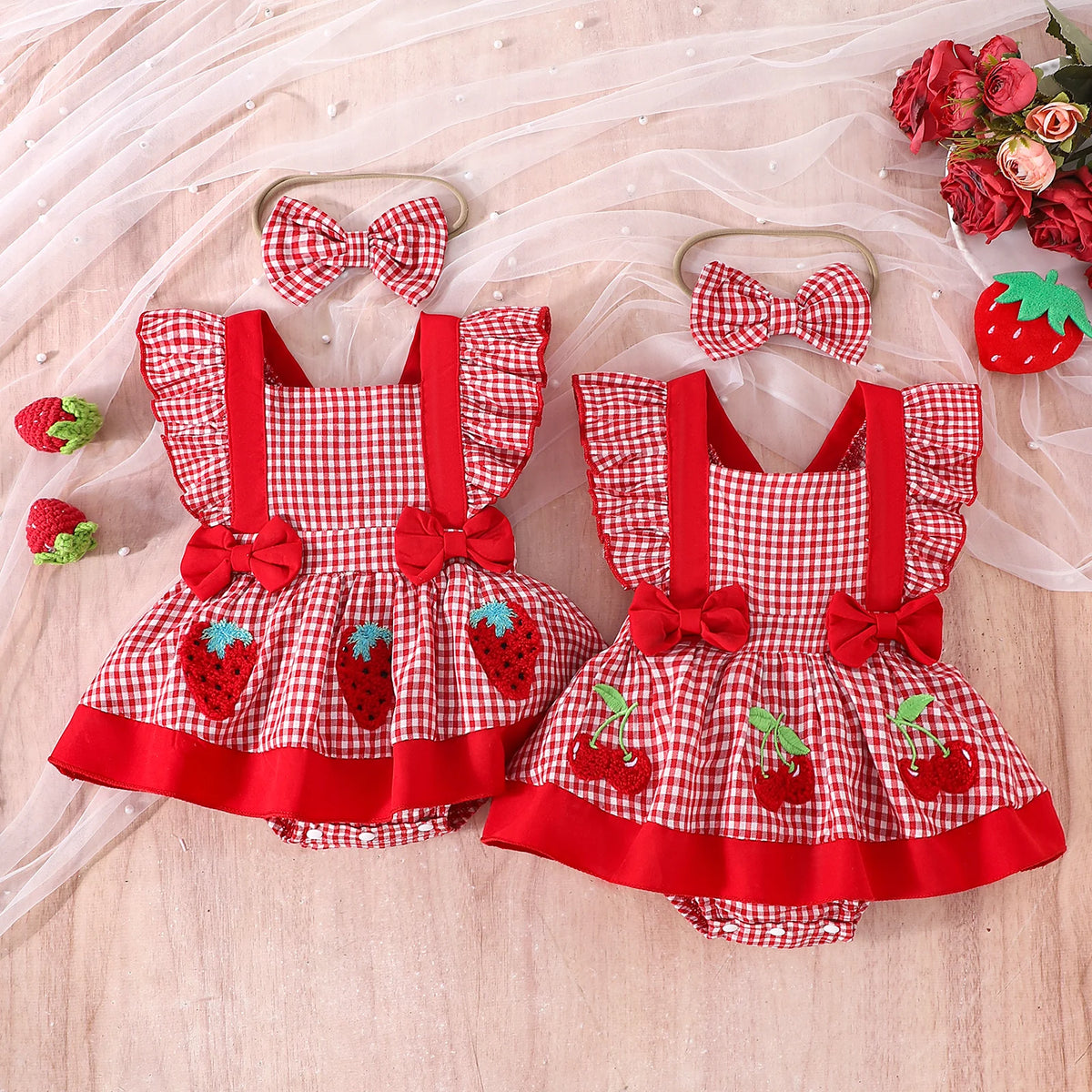 2PCSSummer Cross-Border New Style For Girls And Babies 0-1 Years Old Sweet And Cute Red And White Plaid Dress Pants