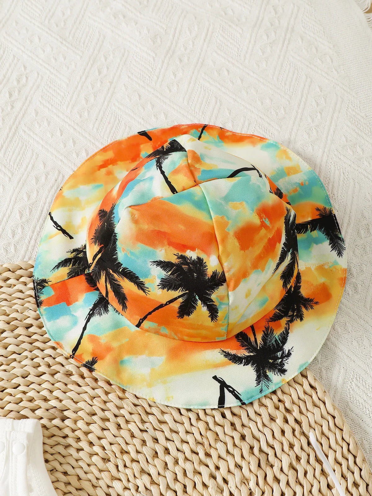 Casual Look For Baby Boys Summer Coconut Print Sleeveless Vest Dyed Hat Elasticated Waist Casual Pants Beach Chic