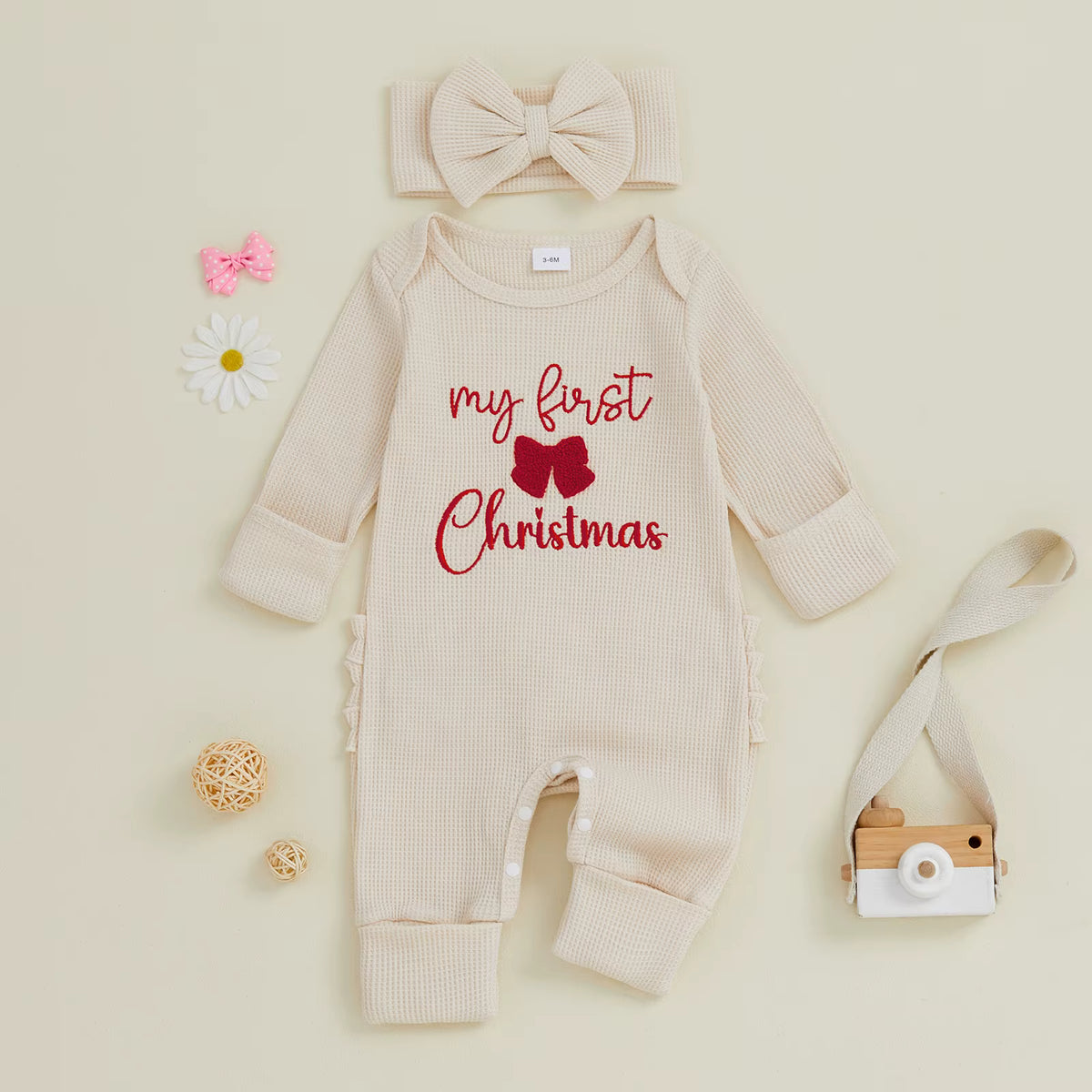 Christmas Baby Girl Romper with Headband – Embroidered Long Sleeve Waffle Jumpsuit (0–12 Months)