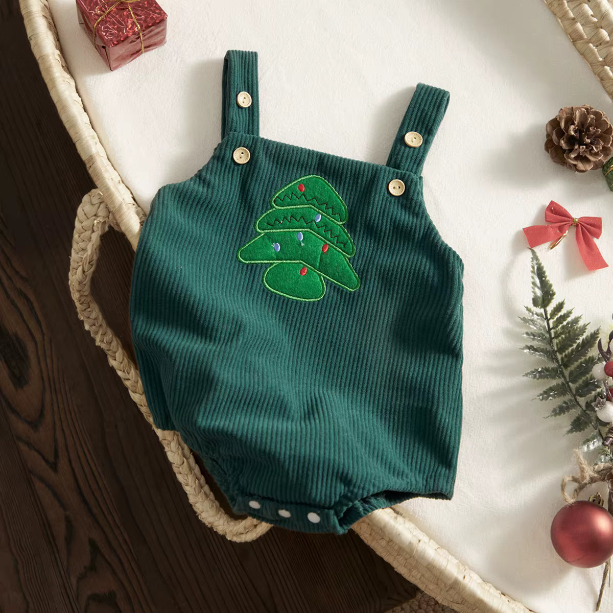 Christmas Baby Romper – Corduroy Deer & Santa Jumpsuit | Unisex Infant Holiday Outfit (0–18M)