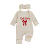 Christmas Baby Girl Romper with Headband – Embroidered Long Sleeve Waffle Jumpsuit (0–12 Months)