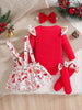 Christmas Baby Girl Outfit Set – Long Sleeve Romper, Suspender Jumpsuit, Bow Socks & Headband (0–12 Months)