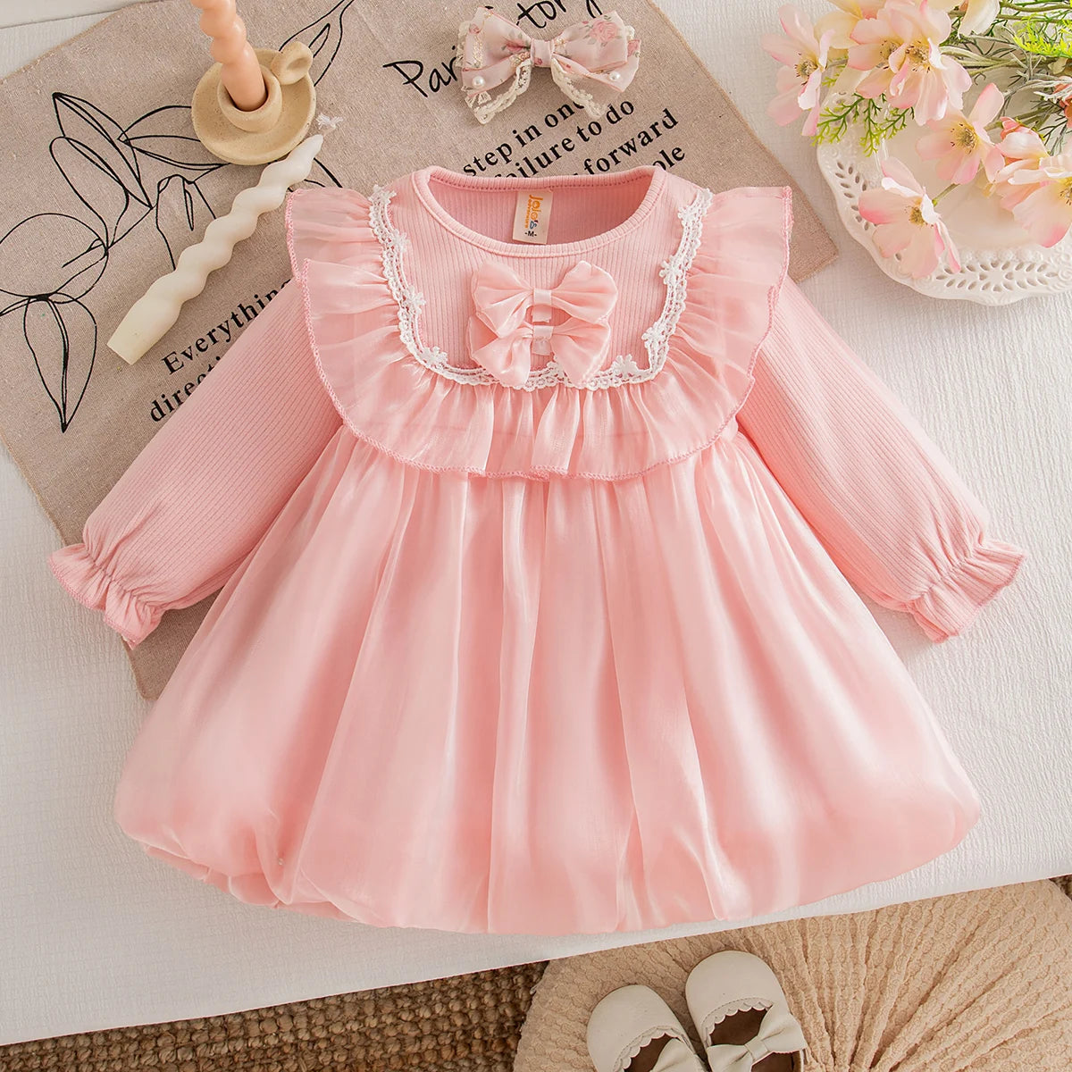 Baby Girl Mesh Bow Dress – Long Sleeve Princess Outfit for Spring & Autumn (0–24 Months)