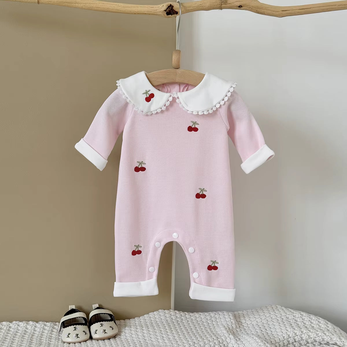 Autumn Baby Girl Romper – Cherry Embroidery Long Sleeve Jumpsuit (0–24 Months)