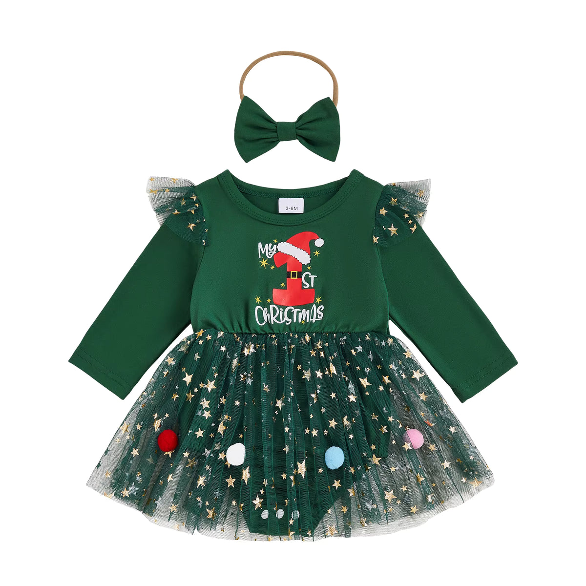 Christmas Baby Girl Bodysuit Dress Set – Letter Print & Star Mesh with Headband (0–12 Months)