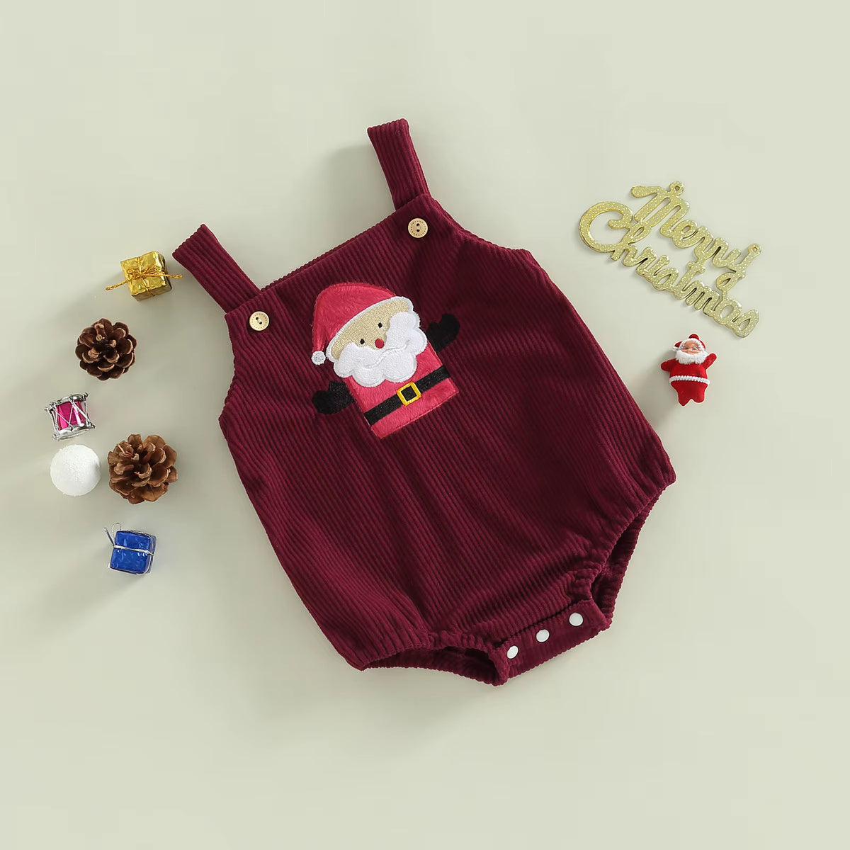 Christmas Baby Romper – Corduroy Deer & Santa Jumpsuit | Unisex Infant Holiday Outfit (0–18M)