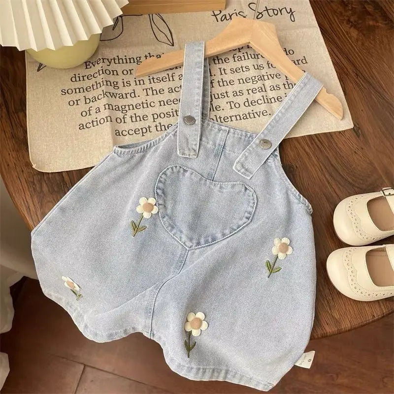 Spring and Autumn Girls Dress Set New Korean Edition Flower Embroidered Denim SkirtDoll Collar blouse Two Piece Set